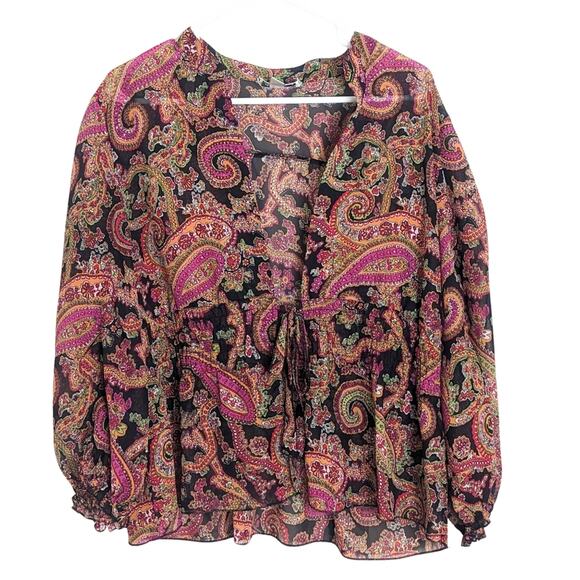Boho Paisley Lightweight Semi-Sheer Tie Front Top Cardigan Women's Size Large - Picture 9 of 9